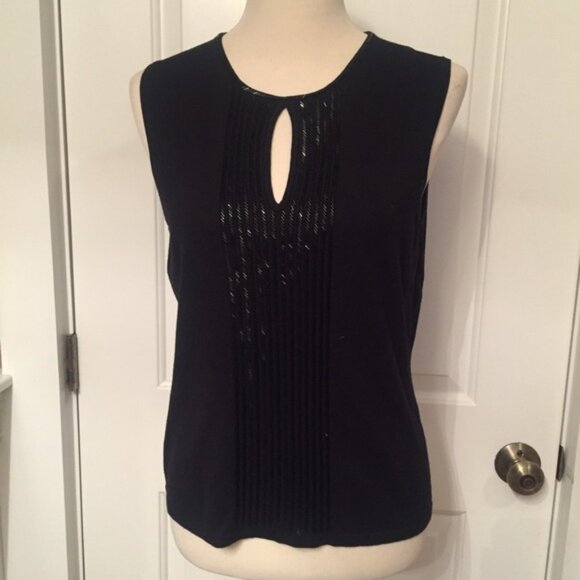 NEW CITY SILK KNIT TOP TANK SWEATER BLACK SLEEVELESS BEADED KEYHOLE Size L - Picture 1 of 6